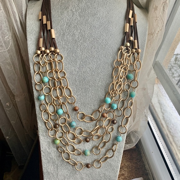 Gorgeous Boho Charming Charlie Suede & Turquoise Bead Statement Necklace - Picture 2 of 12